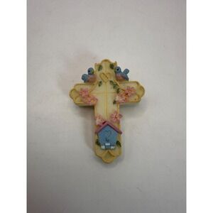 Vintage Pastel Floral Bird Cross Brooch – Religious Statement Pin